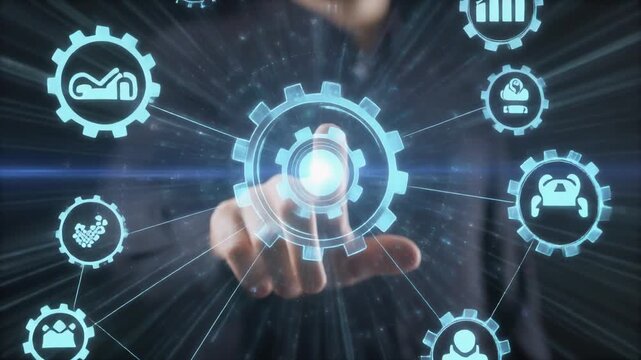 Human hand interacting with a glowing gear in a network of digital icons, symbolizing technology, automation, and future business process management