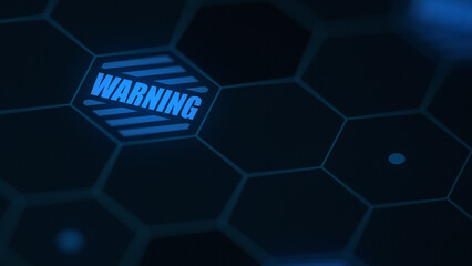 Cybersecurity threats and system errors, Futuristic blue hexagon grid with glowing warning sign