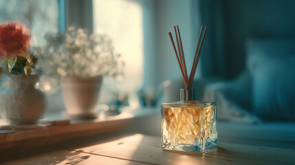 サイドテーブルの上に置かれたルームフレグランスが、静かな部屋に香りを添える日常の一角を描いた水彩ポリゴン