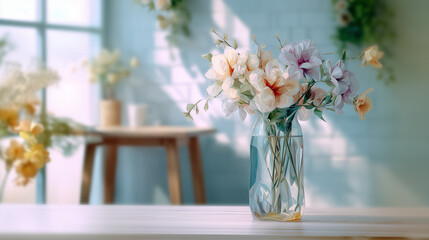 ダイニングテーブルの上に飾られた造花が、室内にやさしい彩りを添える穏やかな日常の水彩ポリゴン