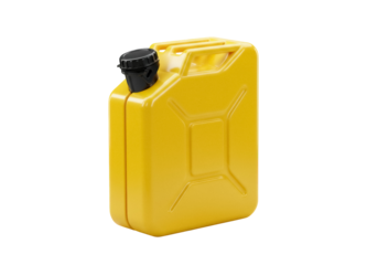 Yellow jerrycan isolated PNG on transparent background, fuel container for gasoline or diesel and other liquids, portable and durable