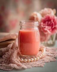 Pink Smoothie In Glass Jar With Floral Decor