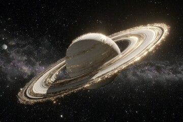 Glowing Saturn Like Planet with Sparkling Rings in Deep Space Against Starry Backdrop