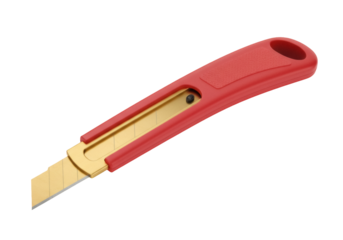 Red utility knife PNG isolated on transparent background, box cutter with retractable blade for cutting cardboard and packaging
