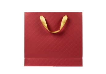 Elegant red gift bag with gold ribbon handles isolated PNG, luxury packaging for presents and special occasions on transparent background