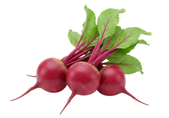 Three fresh red beets with green leaves isolated PNG, vibrant root vegetables on transparent background for healthy eating and culinary design