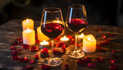 romantic candle dinner scene, two wine glasses with red wine, soft glowing candles