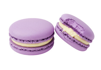 Two purple macarons isolated PNG on transparent background, delicious French almond meringue-based confection for dessert and pastry shops