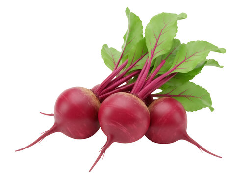 Three fresh red beets with green leaves isolated PNG, vibrant root vegetables on transparent background for healthy eating and culinary design