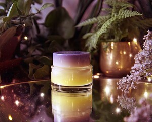 Luxury Skincare Cream Jar Display With Plants And Glitter Lights