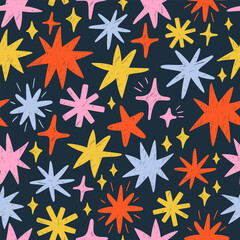 Seamless vector pattern with hand-drawn hatching stars. Night sky childish drawings on dark background. Funky scribble space design