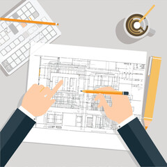 Architecture Blueprint Design Vector Illustration,Engineer Drawing Building Plan Vector,Construction Blueprint and Design Concept Vector,Architect Working on Technical Plans Vector Art.
