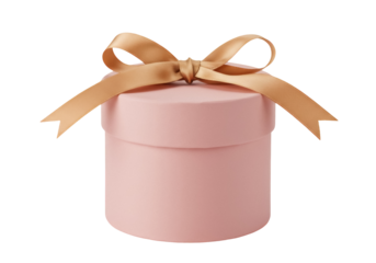 Pink round gift box with golden ribbon isolated PNG, present for birthday or special occasion on transparent background