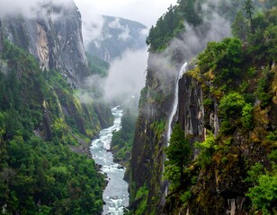 Dramatic mountain canyon with waterfall and river