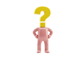 Pink figure with yellow question mark isolated PNG, conceptual image for uncertainty and problem solving on transparent background