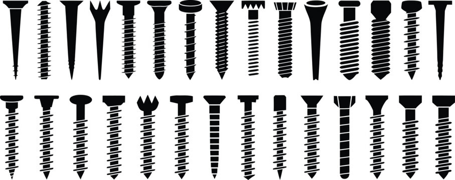 screw icon set showing different hardware fasteners for construction diy and technical diagrams, vector illustration