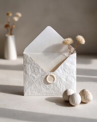 White Textured Envelope With Dried Flowers And Button