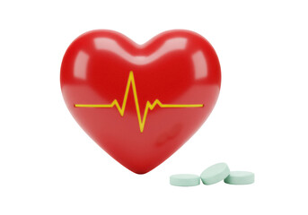 Red heart with yellow heartbeat line and pills isolated PNG, medical concept for healthcare and cardiology on transparent background