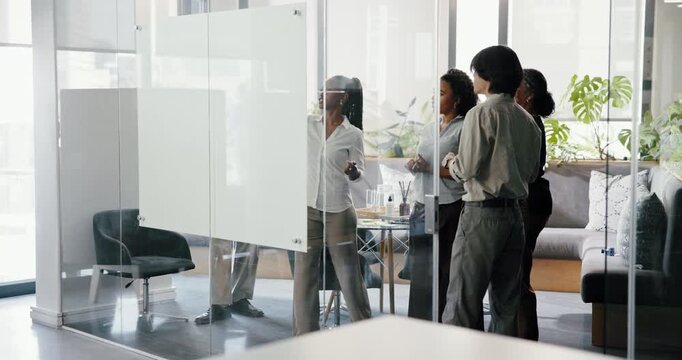 Creative, business people and planning with whiteboard in office for brainstorming, tasks or agenda. Group, employees or team with ideas or collaboration for project or work delegation in workplace