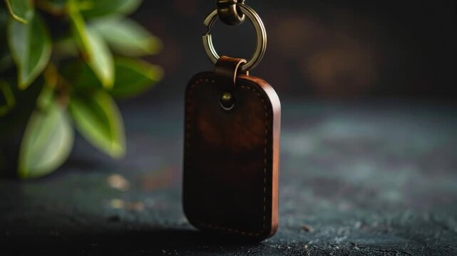 Close up of a leather key tag with brass ring on a dark surface