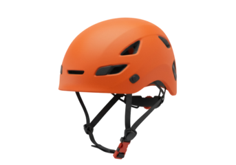 Orange climbing helmet isolated PNG, safety headgear for mountaineering and outdoor sports on transparent background