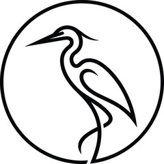 Heron bird logo silhouette illustration, elegant minimal line art vector inside circle isolated on white background wildlife black design
