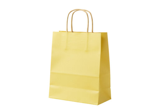 Yellow paper shopping bag PNG isolated on transparent background, eco-friendly reusable container for retail and gifts