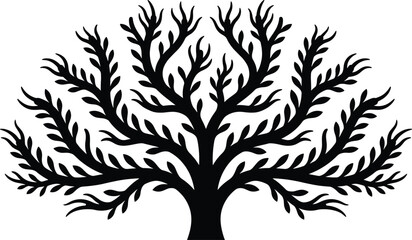 Stylized tree silhouette illustration with symmetrical branches, nature inspired botanical artwork, organic decorative design, black isolated vector graphic