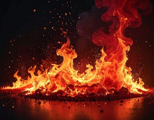 Fototapeta premium Fiery flames erupt from embers against a dark backdrop