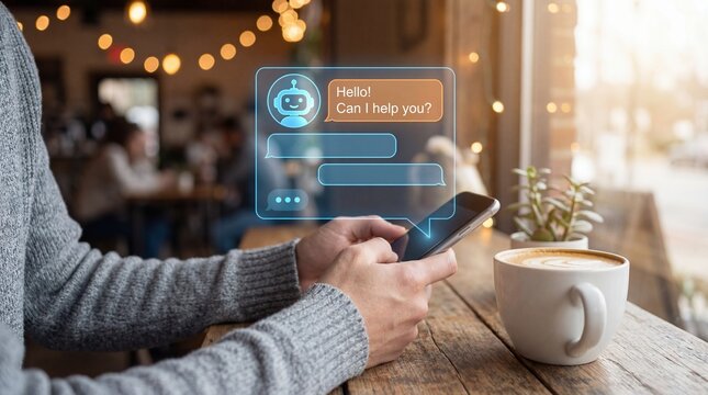 Person using smartphone with AI chatbot for customer service support in a cozy coffee shop. Modern technology, virtual assistant, and artificial intelligence in daily life.
