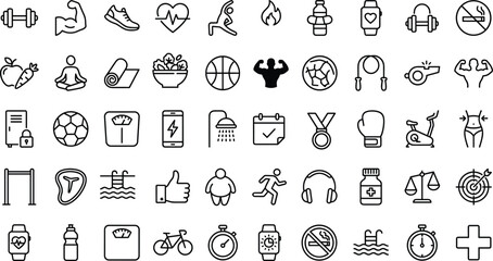 Fitness health line icons set, workout exercise nutrition wellness symbols collection, gym sport lifestyle vector illustration pack design elements modern