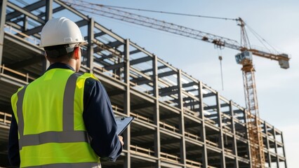 Construction worker in safety vest and hard hat inspecting steel frame building structure with tower crane in background