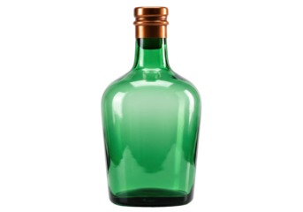 Green glass bottle isolated PNG on transparent background, vintage style liquor container for product mockups and design