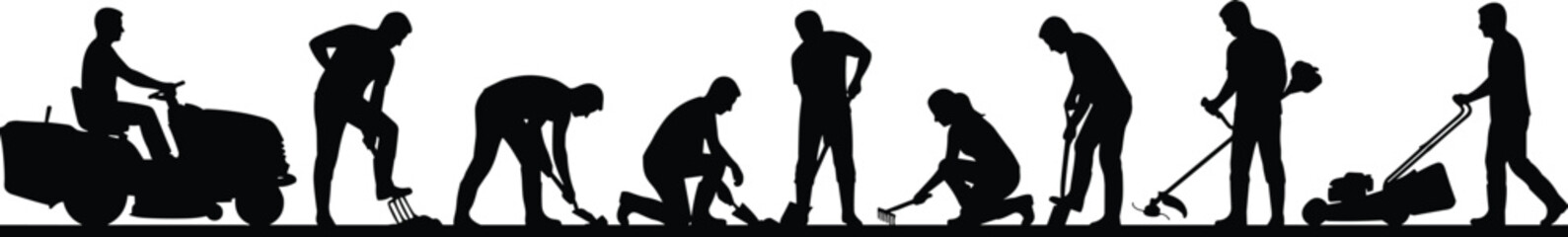 Landscaping worker silhouettes, gardening lawn care maintenance process, outdoor labor people tools sequence illustration isolated vector design