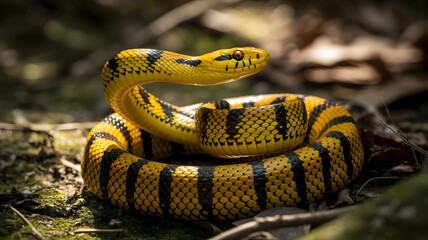 Fototapeta premium Vibrant yellow and black banded snake coiled defensively in a forest setting, with sharp focus on its scales and eyes.