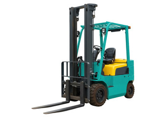 Turquoise and yellow forklift PNG isolated on transparent background, industrial vehicle for lifting and moving heavy materials in warehouses
