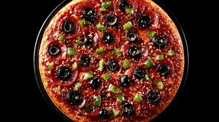 Overhead View of a Round Pizza with Pepperoni Black Olives and Green Bell Peppers on a Shiny Black Background with Bright Studio Lighting