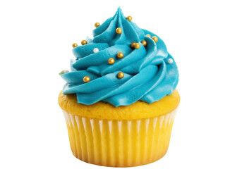 Delicious cupcake with blue frosting and golden sprinkles isolated PNG, sweet treat for birthdays and celebrations on transparent background