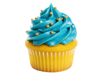 Delicious cupcake with blue frosting and golden sprinkles isolated PNG, sweet treat for birthdays and celebrations on transparent background