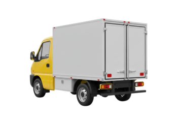 Yellow delivery truck PNG isolated on transparent background, commercial vehicle for transporting goods and cargo, logistics and distribution