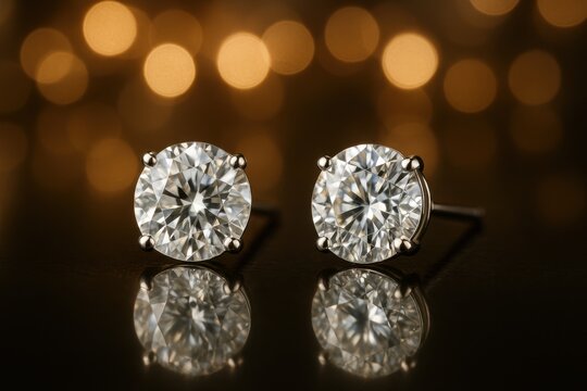 Elegant diamond stud earrings reflecting on glossy surface with warm glowing bokeh, highlighting luxury and brilliance in fine jewelry