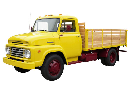 Vintage yellow flatbed truck PNG isolated on transparent background, classic American work vehicle for transportation and nostalgia