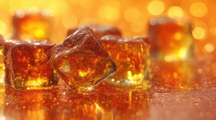 Close Up of Golden Brown Ice Cubes with Shiny Reflection and Bokeh Background