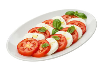 Caprese salad with fresh basil leaves isolated PNG, classic Italian appetizer with mozzarella and tomatoes on transparent background
