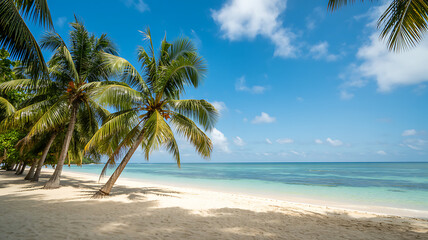 Obraz premium Tropical beach with palm trees and clear turquoise ocean under blue sky,making it suitable for travel, vacation, summer, and nature-themed commercial projects.