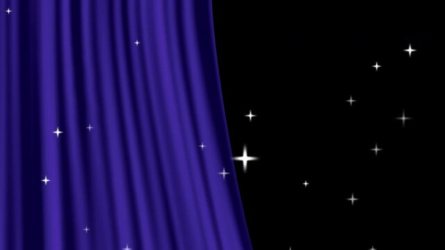 キラキラした青い1枚のカーテンが開くオープニングやタイトル動画　背景透過のアルファチャンネル素材(4K)