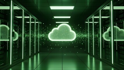 Futuristic data center environment with cloud computing integration and data transfer