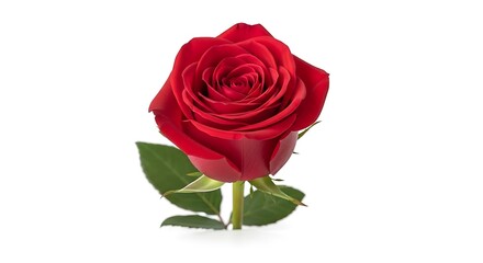 Fototapeta premium A vibrant, close-up studio shot showcases a fully bloomed red flower with green stem and leaves against a clean white backdrop