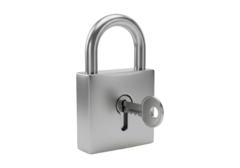 Metal padlock with key isolated PNG, security and protection concept for graphic design and web projects on transparent background