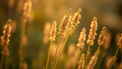 plantago. Plantago ovata plant with slender flower spikes swaying in golden hour light. gardening catalogs, home-decor guides, designed for gardening and botanical catalogs.